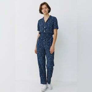 Vintage Virgo II Navy Nautical Print Jumpsuit | Elastic Waist